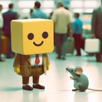 Bob Esponja Calça Quadrada conversando com um rato em um aeroporto, desenho animado dos anos 1960