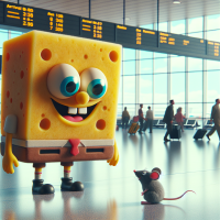 Bob Esponja Calça Quadrada conversando com um rato em um aeroporto, desenho animado dos anos 1960